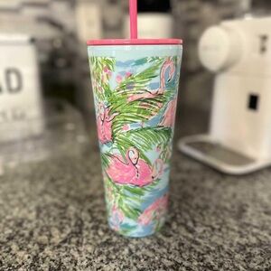 Lilly Pulitzer Flamingo Tumbler with Straw Blue/Pink Multi 24oz